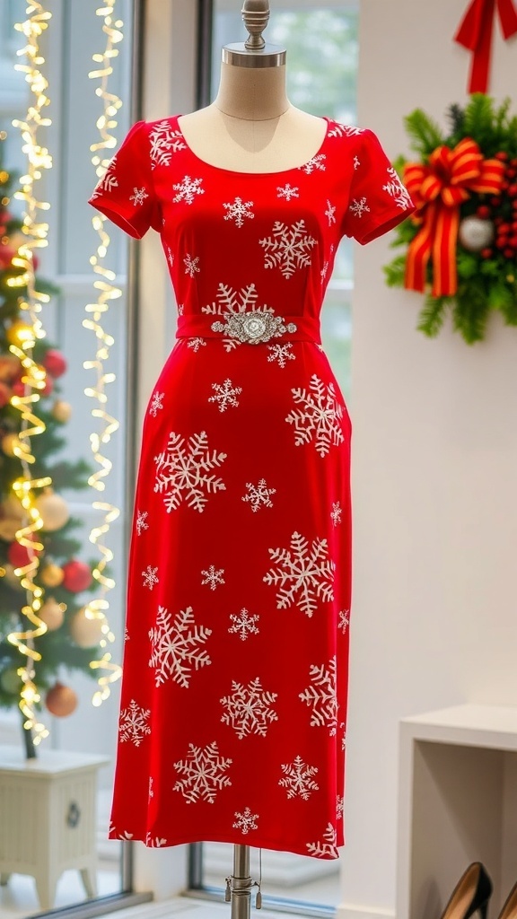 A festive red Christmas dress with snowflake patterns displayed with holiday decorations.